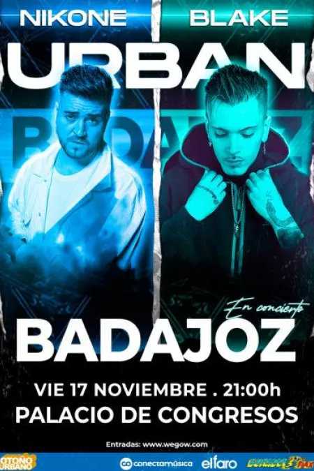 CONCIERTO BLAKE + NIKONE.  Los mejores artistas del género urbano en nuestro país llegan al Palacio de Congresos Manuel Rojas de Badajoz, para presentar una jornada única el 17 de noviembre de 2023. Blake es un artista procedente de Salamanca, emergente en la actualidad en la escena nacional de hip-hop, rap y trap. Nikone es Diego García, un MC proveniente de Carabanchel que comenzó su andadura musical en el año 2013, con la publicación de "Pa Qué". Su primer LP se publica bajo el tíutlo de "Patato" y el se